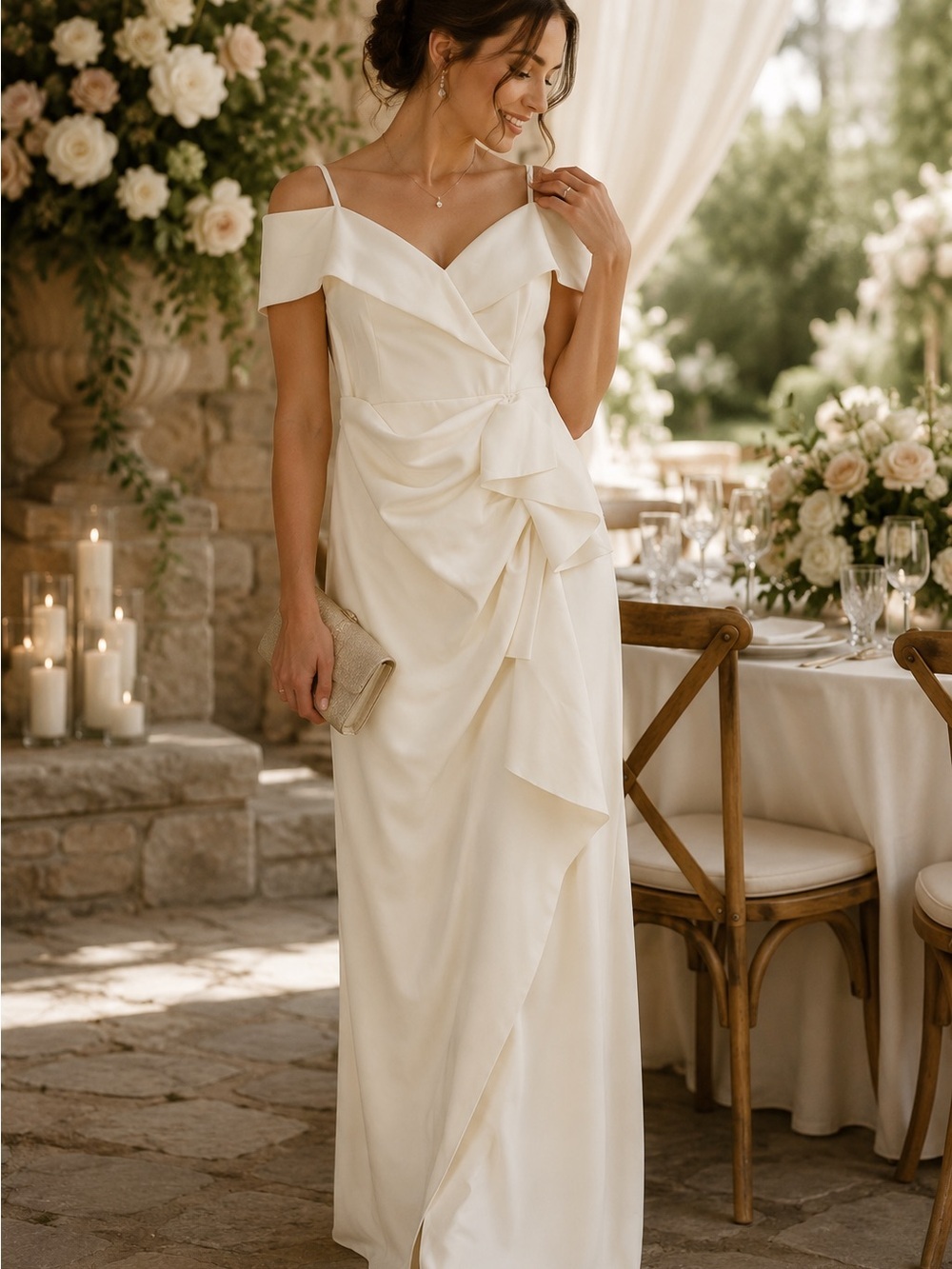 Xscape White Petite Off Shoulder Bow Draped Front Maxi Dress 12P NWT Wedding